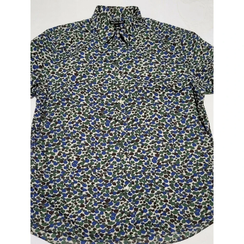 Michael Kors Blue Green Black Printed Short Sleeve Blouse